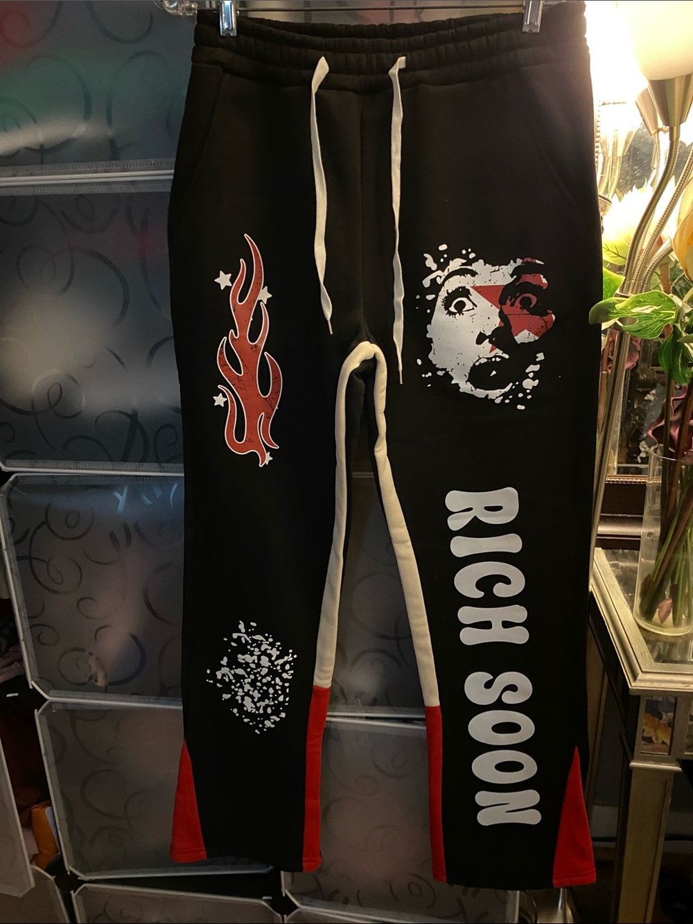NWOT, Young Men Black Graphic Sweatpants with Red Accents